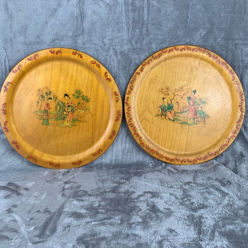 Pair Of Vintage‎ Round Wooden Serving Trays Decorative Asian Themed Mid Century